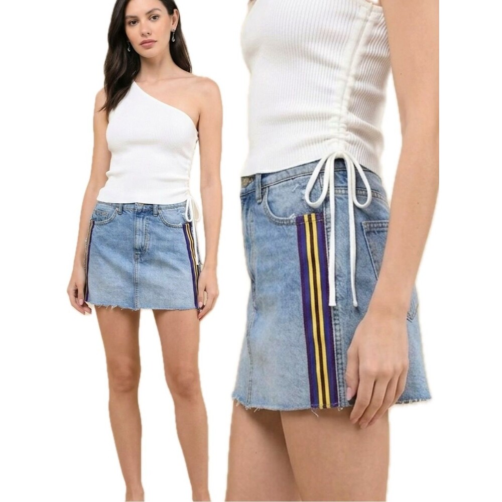 Bershka Retro Racer Striped Denim Mini Jean Skirt Size 2 XS Blokecore A-Line Y2K